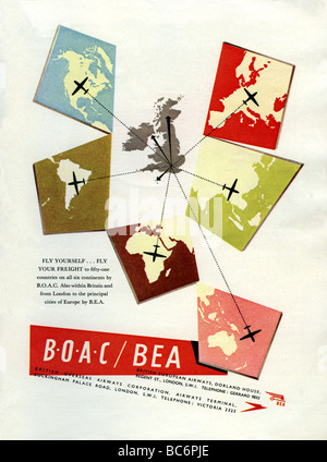 1951-Farbe-Werbung für britische Fluglinien BOAC und BEA Stockfoto