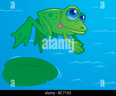 Zeichnung eines niedlichen Frosch aus ein Seerosenblatt ins Wasser tauchen. In einem humorvollen Cartoon-Stil gezeichnet. Stockfoto