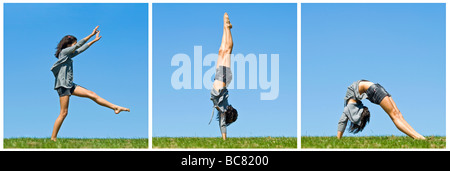 Horizontale sequentielle Porträt eines jungen Mädchens macht einen Handstand und landen in der Krabbe-Position in der Sonne Stockfoto