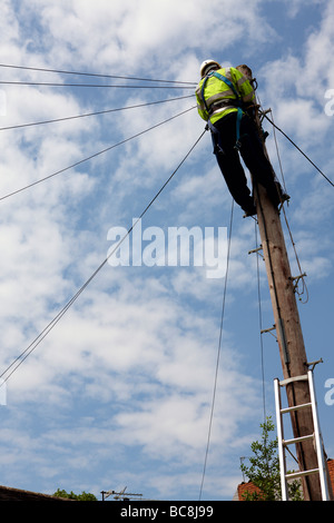 British Telecom-Ingenieur arbeitet an einer Telefonleitung am oberen Rand einen Telefonmast Stockfoto