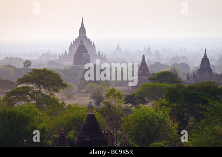 Panoramablick über die Ebene von Bagan, Myanmar, mit Hunderten von kleinen buddhistischen Tempel in das glatte Licht der Morgendämmerung Stockfoto