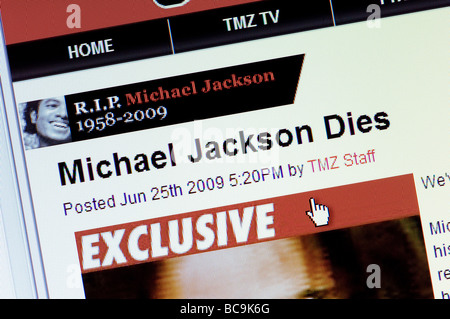 Screenshot von Promi-News-Website TMZ bricht die Nachricht von Michael Jacksons Tod im Juni 2009 (nur zur redaktionellen Verwendung). Stockfoto