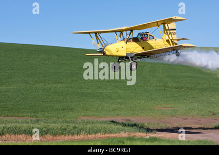 Sprühflugzeug macht ein Tiefpass über Weizenfelder in der Nähe von Pullman, Washington, in der Palouse Gebiet des südöstlichen Washington State. Stockfoto