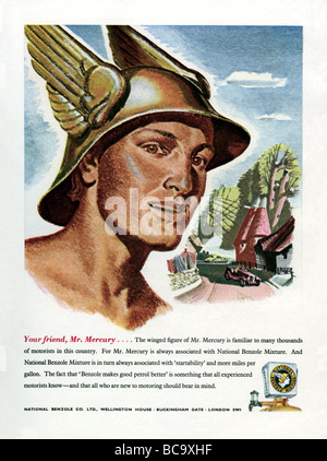 1951-Farbe Anzeige für nationale Benzole Benzin mit Herrn Mercury Stockfoto