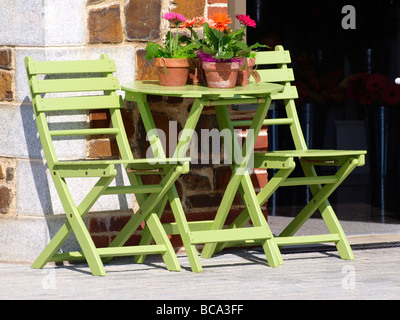 Tisch und Stühle mit Blumen auf Stockfoto