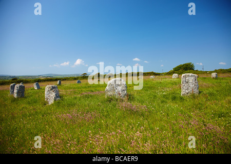 Die Merry Maidens neolithische Steinkreis in der Nähe von St Buryan, Cornwall, England, UK Stockfoto