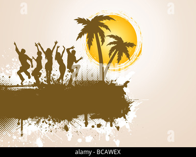 Silhouetten von Menschen tanzen auf Grunge palm Tree Hintergrund Stockfoto