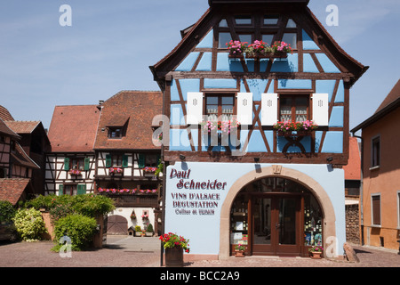 Winzer Keller Shop im mittelalterlichen Dorf an der Weinstraße. Eguisheim-Haut-Rhin-Elsass-Frankreich. Stockfoto