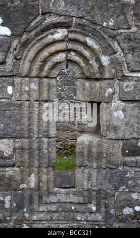 kunstvoll geschnitzte Fenster in das 12. Jahrhundert Banagher alte Kirche County Derry Londonderry Nordirland Vereinigtes Königreich Stockfoto