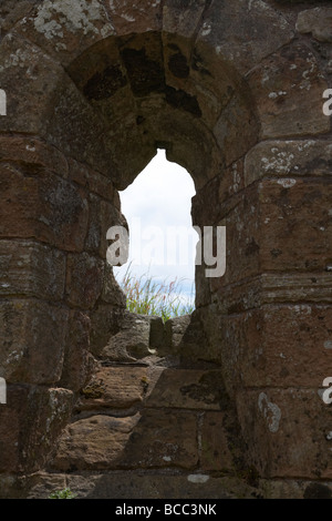 kunstvoll geschnitzte Fenster in das 12. Jahrhundert Banagher alte Kirche County Derry Londonderry Nordirland Vereinigtes Königreich Stockfoto