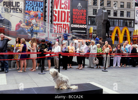 Times Square TKTS, Broadway New York. Leute, die ermäßigte Theaterkarten kaufen. Schlange am Ticketschalter in der Fußgängerzone. Duffy Square. City Life USA Stockfoto