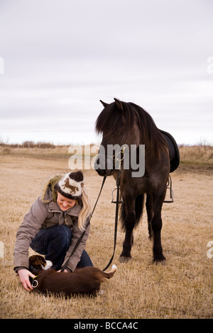 Junge Frau mit ihrem Pferd und Hund. Süd-Island Stockfoto