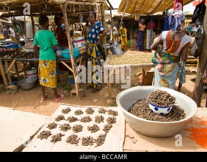 Burkina Faso. Lobi-Land. Wochenmarkt Gaoua.Sale getrocknete Raupen. Stockfoto