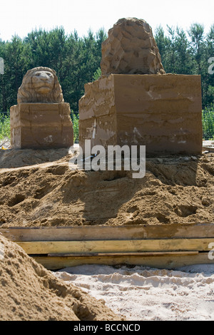 Unvollendete Sand Skulpturen von Löwen in den verschiedenen Phasen der Schöpfung. Fotos von der Ausstellung in Danzig. Stockfoto