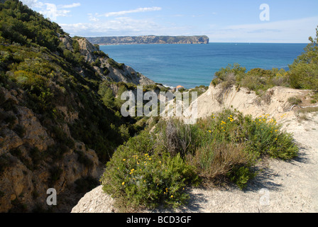 Blick zum Cabo San Antonio von Prim Cap, Javea / Xabia, Provinz Alicante, Comunidad Valenciana, Spanien Stockfoto