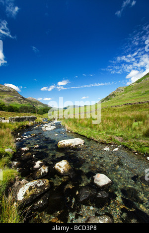 Honister Pass mit Gatesgarthdale Beck unter den Honister Felsspitzen, Buttermere "Lake District" Cumbria England UK Stockfoto