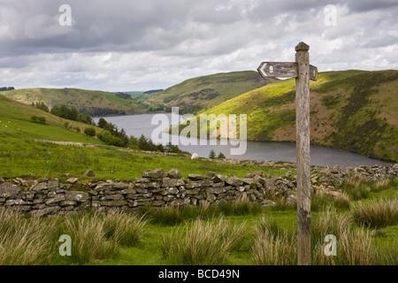 Glyndwr's Way National Trail vorbei an Llyn Clywedog Reservoir im Schatten von Plynlivon Fawr, in der Nähe von Llanidloes, Powys, Mitte Wales.UK Stockfoto