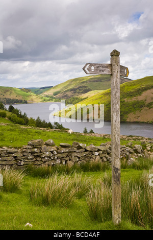 Der Glyndwr's Way National Trail führt am Llyn Clywedog Reservoir im Schatten von Plynlimon Fawr in der Nähe von Llanidloes, Powys, Mitte Wales Großbritannien Stockfoto