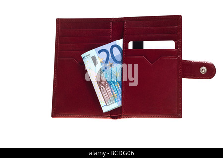 Nahaufnahme von Mens Wallet mit Euro-Banknote und eine Kreditkarte Stockfoto