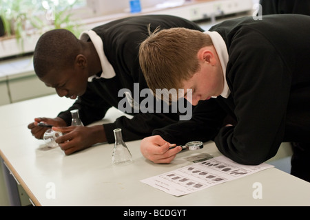 Englische Studenten in Chemie Lektion lernen über Fingerabdrücke Stockfoto