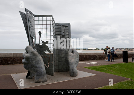 Skulptur, markiert den Beginn der South West Coast Path in Minehead, Somerset, UK. Stockfoto