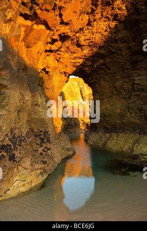 Am Abend Sonnenlicht beleuchtet eine Meereshöhle am Strand von Perranporth an der North Cornish Küste UK Stockfoto