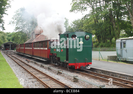Schmale Guage Eisenbahn, Woody Bay, Devon, Dampfmaschine und Fluggast Trainer. Stockfoto