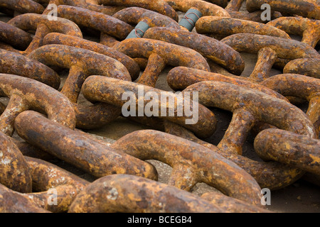 Rostige Ketten der Schiffe Anker. Aufgenommen im Stocznia Remontowa-Werft in Danzig. Stockfoto