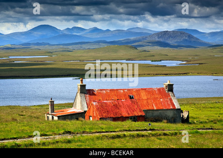 Eine rote überdachte Hütte Acha Mor Isle of Lewis, Schottland UK 2009, Western Isles, äußeren Hebriden Stockfoto