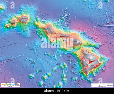 Bathymetrie Karte der hawaiischen Inseln Stockfoto