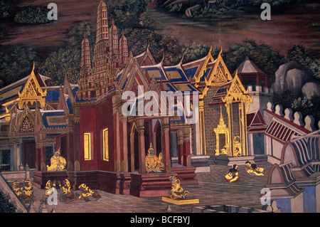 Thailand, Bangkok, Wat Phra Kaew, Grand Palace, Wandmalereien mit Szenen aus dem Ramakian Stockfoto