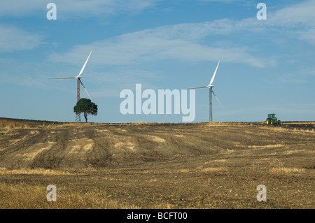 Ein Bauer, der pflügt mit seinem Traktor in der Nähe von zwei Windkraftanlagen Alberona Italien Stockfoto