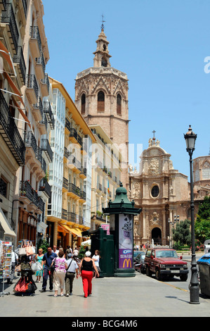 Santa Maria di Valencia Kathedrale Südansicht, Plaça De La Reina, el Miguelet Glockenturm, Valencia, Spanien Stockfoto