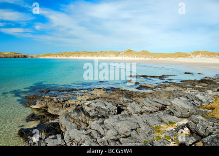 Herrlichen Sandstrand und die Bucht von Balnakeil Bucht, Durness, Sutherland in Schottland in Richtung Faraid Head Stockfoto