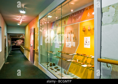 Vitrine im neu umgebauten Musée Archéologique / Archäologie-Museum - Martizay, Indre, Frankreich. Stockfoto