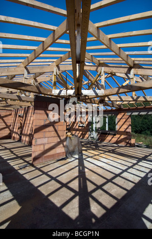 Schatten von Dachstühlen und Holzbalken Criss cross Boden und Wände eines Hauses im Bau Stockfoto