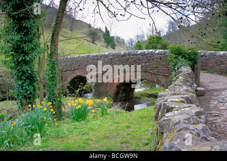 Viators Stone Bridge River Dove Milldale Dorf White Peak Bereich Peak District Nationalpark Derbyshire Dales England UK Stockfoto