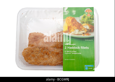 Zwei "Linie erwischt" "Schellfisch Filets" in Brotkrumen Beschichtung versiegelt in einer durchsichtigen Kunststoff Kartonverpackung Stockfoto