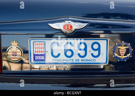 Bentley-Auto und Führerschein-Platte Monaco Monte carlo Stockfoto