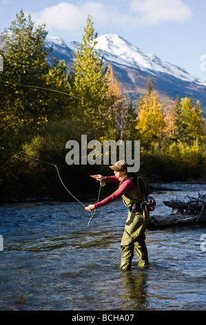 Frau wirft für Regenbogenforelle beim Fliegenfischen auf Schneehühner Creek auf der Kenai-Halbinsel Yunan Alaska im Herbst Stockfoto