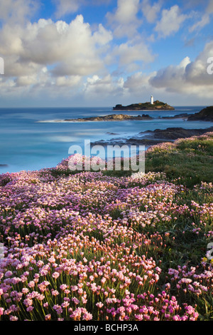 Godrevy Leuchtturm mit Sparsamkeit im Vordergrund cornwall Stockfoto