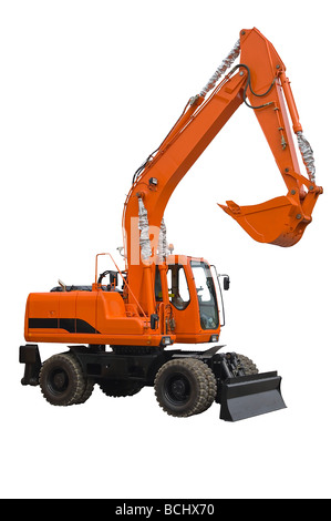 Orange-Rad-Bagger mit Eimer Strahl über weißen isoliert. Mit Beschneidungspfad. Nahaufnahme Stockfoto