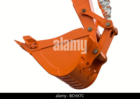 Orange klar Baggerschaufel in weiß mit Beschneidungspfad isolierten. Hautnah. Mit Beschneidungspfad. Nahaufnahme Stockfoto