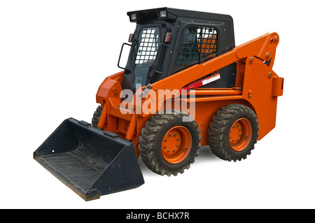 Orange Mini [Bobcat] Rad-Bagger mit Eimer Strahl über weißen isoliert. Mit Beschneidungspfad. Nahaufnahme Stockfoto