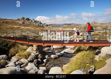 Wanderer-Brücke auf dem Weg zur Mt Kosciuszko Kosciuszko National Park Snowy Mountains New South Wales Australien Stockfoto