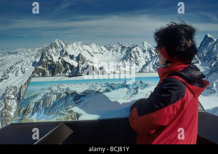 Ansicht des Grandes Jorasses im Mt-Blanc-Massiv von Mont Blanc Terrasse an der Aiguille du Midi Seilbahnstation in Alpen Frankreich Stockfoto