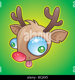 Verrückte Rudolph The Red Nosed Reindeer Gesicht mit weit aufgerissenen Augen seine Zunge. in einem humorvollen Cartoon-Stil gezeichnet. Stockfoto