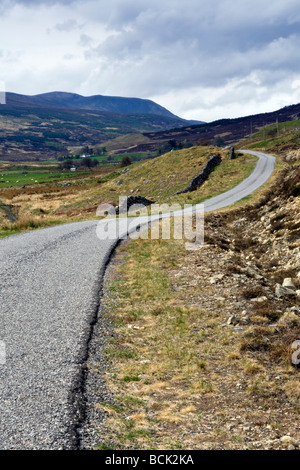 Eingleisig, kurvenreiche Straße zur Croick Kirche von Ardgay in Sutherland Schottland im Frühjahr genommen Stockfoto