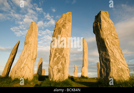 Callanish Stone Circle, neolithische stehenden Steinen, Sonnenuntergang am Sommer-Sonnenwende, Isle of Lewis, äußeren Hebriden, Schottland Stockfoto