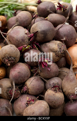 Natürlich verkauft angebautes Gemüse auf dem Markt rote Beete Stockfoto